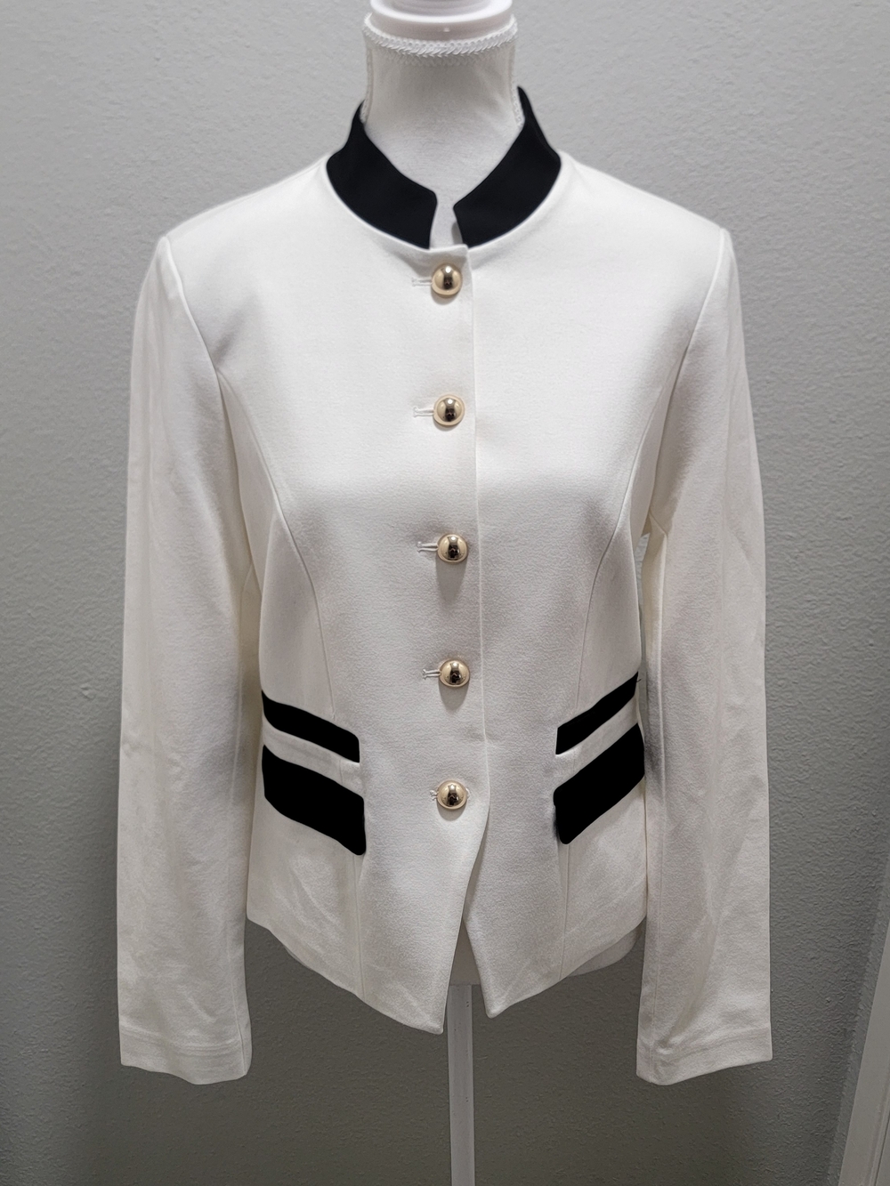 Joseph Ribkoff White Jacket with Black Trim and Gold Buttons